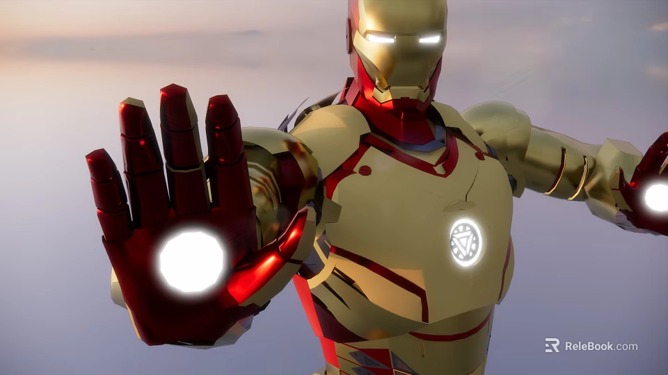 Iron Man Game Movie Character With Gold Red Armor And Glowing Palm Energy Ball 3d model 