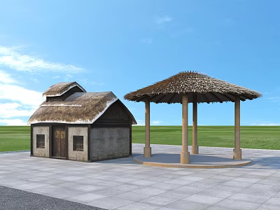 Thatched Roof Gazebo With Wooden Columns Adjacent Stone Cottage On Grassland Under Blue Sky 3d model