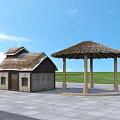Thatched Roof Gazebo With Wooden Columns Adjacent Stone Cottage On Grassland Under Blue Sky