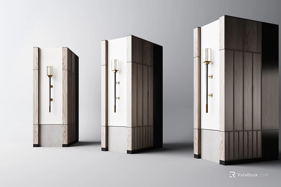 Modern Wooden And White Columns With Metal Details And Lantern Like Fixtures 3d model 