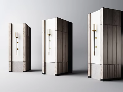 Modern Wooden And White Columns With Metal Details And Lantern Like Fixtures 3d model