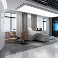Modern Technology Exhibition Hall Featuring Blue Lighting Ceiling Central Display Column And Interactive Screens