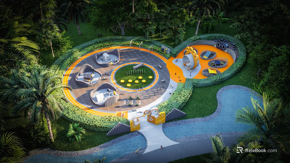 Modern Outdoor Children's Playground Design With Circular Layout Greenery And Play Equipment 3d model 