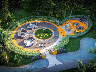 Modern Outdoor Children's Playground Design With Circular Layout Greenery And Play Equipment 3d model