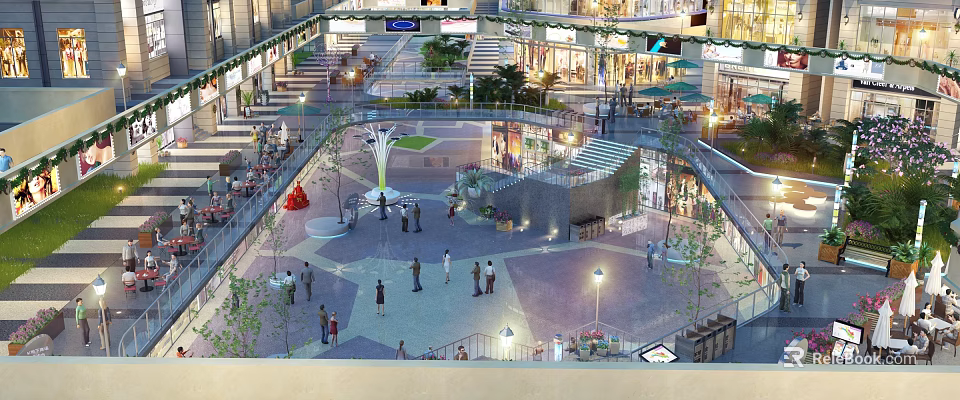 Vibrant Commercial Plaza Open Space With Central Fountain Pedestrians Shops And Lighting 3d model 