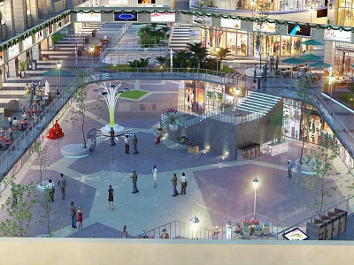 Vibrant Commercial Plaza Open Space With Central Fountain Pedestrians Shops And Lighting 3d model
