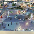 Vibrant Commercial Plaza Open Space With Central Fountain Pedestrians Shops And Lighting