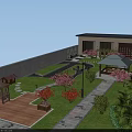 Aerial View Planning of Rooftop Garden With Lawn Pathway Pavilion and Flowers