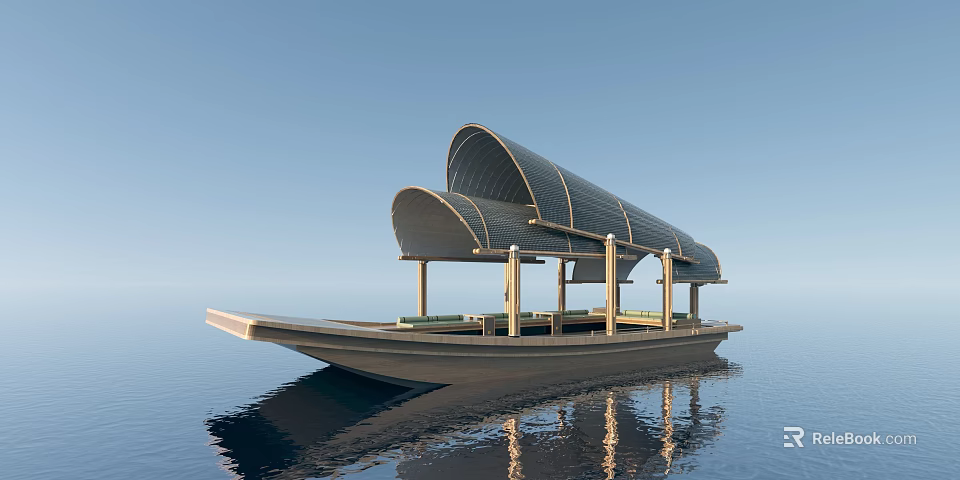 Streamlined Boat with Two Curved Canopies and Wooden Pillars on Calm Water and Blue Sky 3d model 