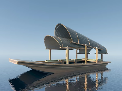 Streamlined Boat with Two Curved Canopies and Wooden Pillars on Calm Water and Blue Sky 3d model
