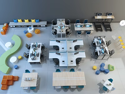 Modern Office Workspace Design With Multiple Desks Chairs Computers And Colorful Seating Accents 3d model