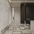 Unique Modern Interior Space With Geometric Block Flooring Perforated Wall And Minimalist Sculpture