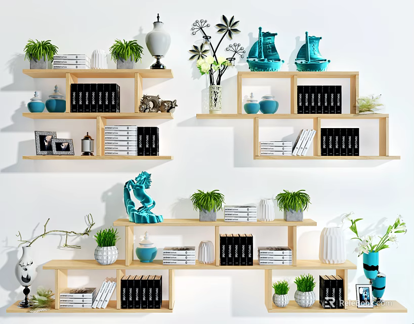 Modern Stylish Wall Cabinets with Decorative Shelves Plants Books and Ornaments 3d model 