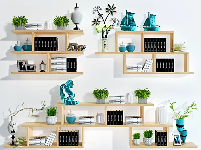 Modern Stylish Wall Cabinets with Decorative Shelves Plants Books and Ornaments 3d model