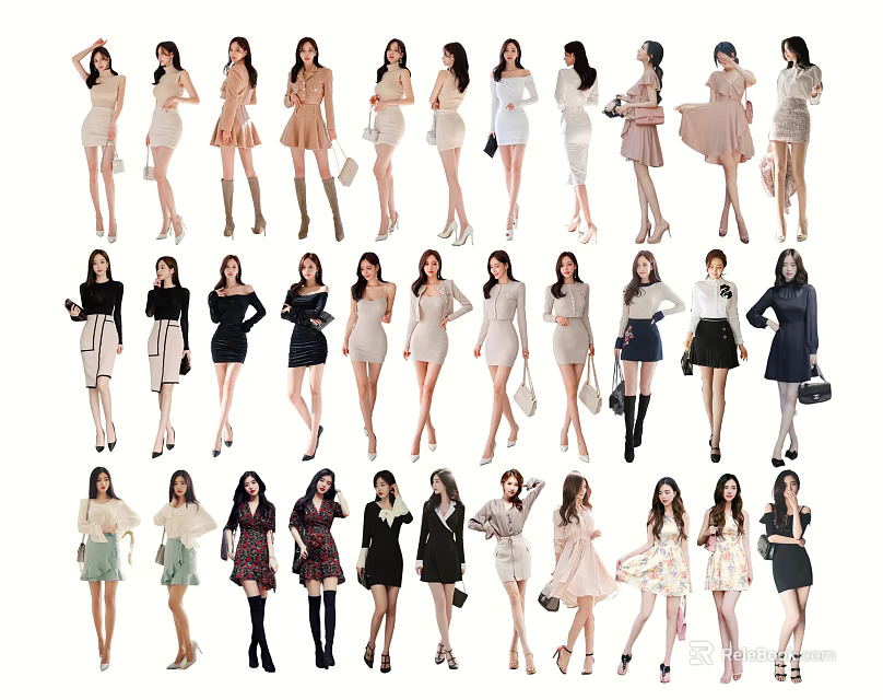 Group of Women Models Wearing Various Stylish Dresses And Outfits 3d model 