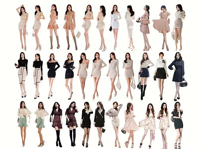 Group of Women Models Wearing Various Stylish Dresses And Outfits 3d model