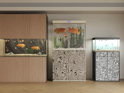 Elegant Fish Tanks On Wooden And Patterned Stands With Aquatic Plants Fish 3d model