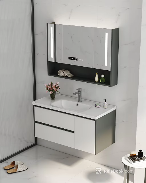 Modern Bathroom Vanity With Lighted Mirror Cabinet Flower Vase And Toiletries On Countertop 3d model 