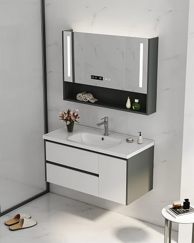 Modern Bathroom Vanity With Lighted Mirror Cabinet Flower Vase And Toiletries On Countertop 3d model