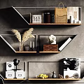 Modern Wall Mounted Shelves With Decorative Items Books And Plants On Gray Wall