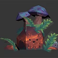 Wood Stone Mushroom Decorative Sculpture Featuring Colorful Low Poly Design And Green Leaves