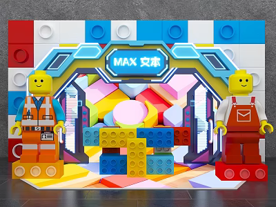 Lego Themed Photo Spot With Colorful Bricks And Lego Figures In Front Of MAX Backdrop 3d model