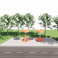 Outdoor Rotating Playground Equipment With Orange Round Canopy Green Trees And Grass Area
