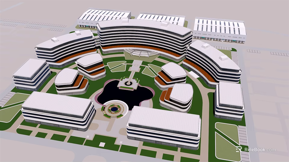 Modern Office Building Complex With Circular Layout And Central Courtyard Green Space 3d model