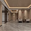 Elegant Modern Elevator Hallway With Wooden Walls Marble Flooring Decorative Art Sofa And Screen Partition