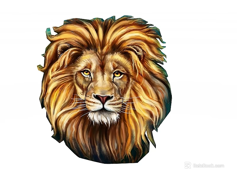 Detailed Lion Head Illustration With Golden Brown Fur And White Background 3d model 