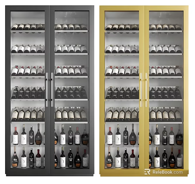 Modern Wine Cabinets Featuring Glass Doors And Filled With Various Wine Bottles 3d model 