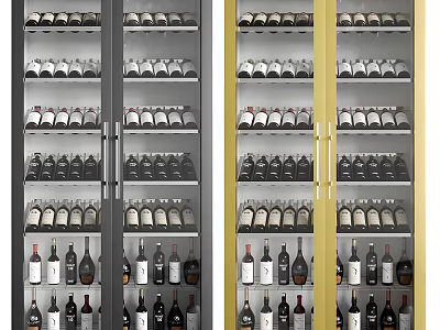 Modern Wine Cabinets Featuring Glass Doors And Filled With Various Wine Bottles 3d model