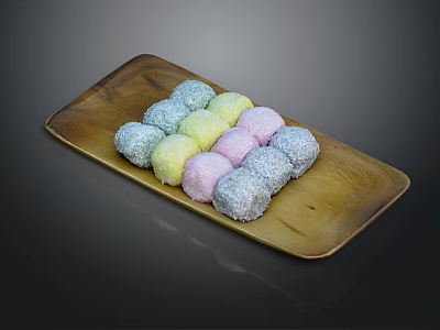 Colorful Glutinous Rice Cakes Arranged On Wooden Tray With Coconut Coating 3d model