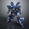 Futuristic Blue And Yellow Armored Mech Game Movie Character With Mechanical Weapons And Detailed Design