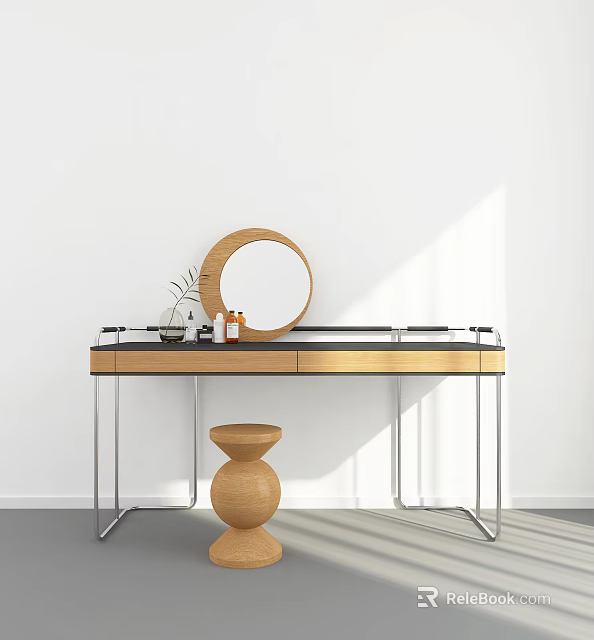 Modern Minimalist Dressing Table With Wooden Top Metal Frame Round Mirror Small Skincare Bottles 3d model 