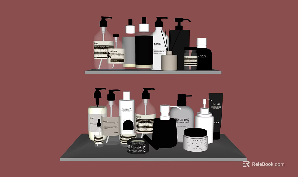 Stylish Bathroom Accessories Organized On Shelves With Various Bottles And Containers 3d model 