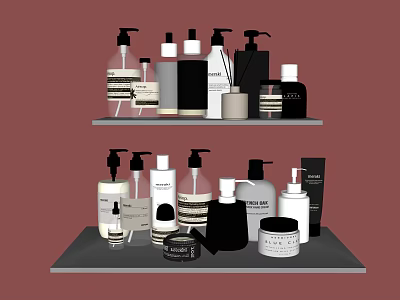 Stylish Bathroom Accessories Organized On Shelves With Various Bottles And Containers 3d model
