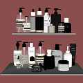 Stylish Bathroom Accessories Organized On Shelves With Various Bottles And Containers