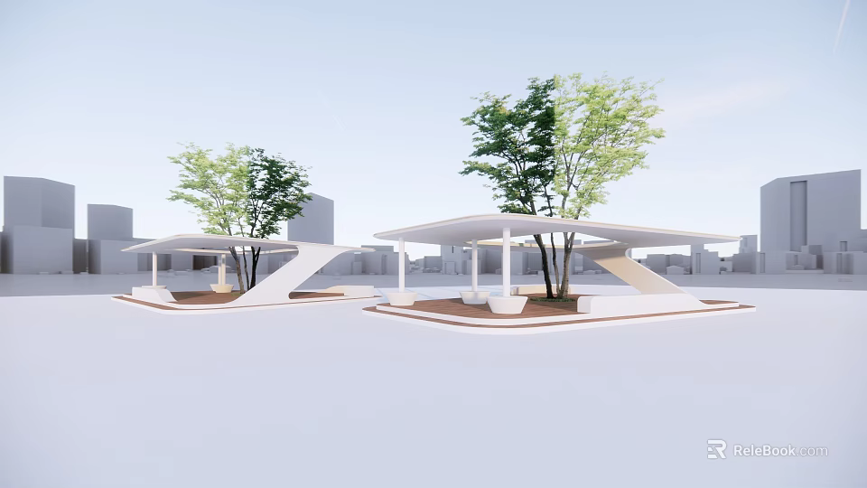 Modern White Outdoor Pavilion With Trees And Seating In Urban Space 3d model 