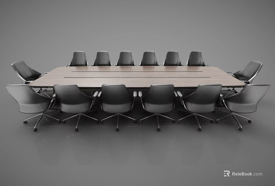 Modern Long Wooden Conference Table Surrounded By Black Office Chairs 3d model 