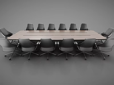 Modern Long Wooden Conference Table Surrounded By Black Office Chairs 3d model