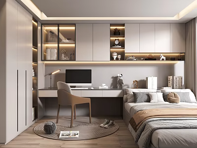 Tatami Bedroom Interior With Desk Chair Storage Cabinets Bookshelves Table Lamp And Rug 3d model
