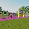 Outdoor Event Setup With Colorful RUN Letters Pink Ground Green Grass Trees And Signboards