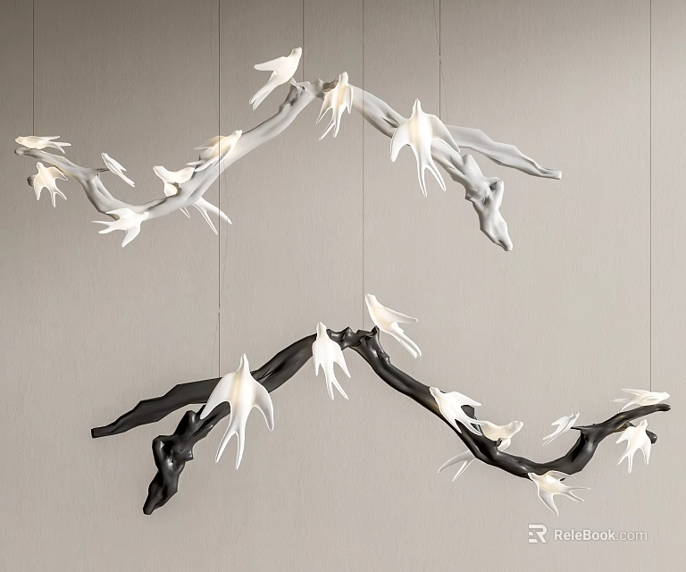 Branch Shaped Chandeliers With White Bird Decor In Black And White Design 3d model 