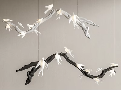 Branch Shaped Chandeliers With White Bird Decor In Black And White Design 3d model