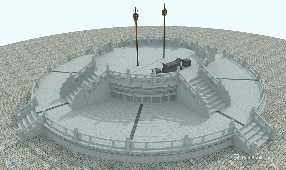 Circular Stone Platform With Balustrade Steps And Decorative Pillars On Paved Floor 3d model