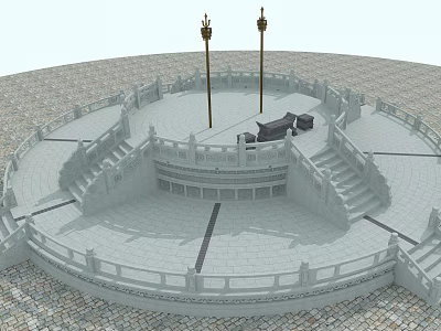 Circular Stone Platform With Balustrade Steps And Decorative Pillars On Paved Floor 3d model