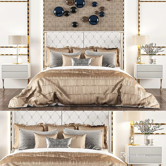 Elegant Modern Double Bed Interior Background With Tufted Headboard Multiple Pillows And Nightstand Lamps 3d model 