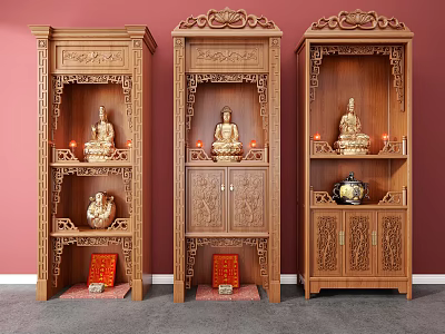 Three Intricately Carved Buddhist Shrine Cabinets With Buddha Statues And Candles 3d model