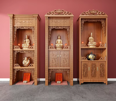 Three Intricately Carved Buddhist Shrine Cabinets With Buddha Statues And Candles 3d model